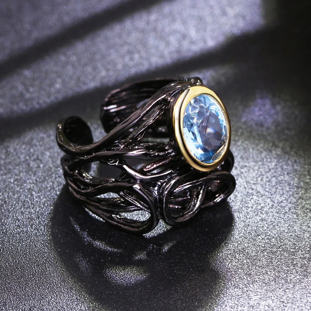 DreamCarnival 1989 Neo-Gothic Sea Blue Oval Zirconia Vintage Ring for Women Black Gold Color Bague Femme Wholesales WA11488