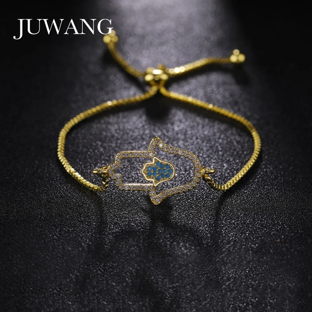 JUWANG Fashion DIY Chain Bracelets For Women Girl Gifts Cubic Zirconia Fatima Hamasa Hand Copper Charm Link Bracelet Jewelry