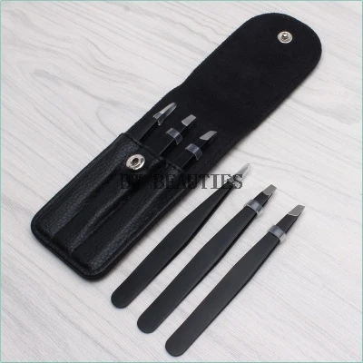 200Set/Lot 3 PCS Eyebrow Tweezers Stainless Steel Point Tip/Slant Tip/Flat Tip Hair Removal Makeup Tool Kit with Bag