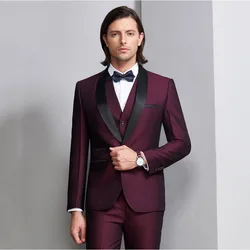 Traje Formal clásico para hombre, esmoquin ajustado de 3 piezas para boda, trajes a medida, chaqueta de negocios, chaleco, pantalones, Burgundy