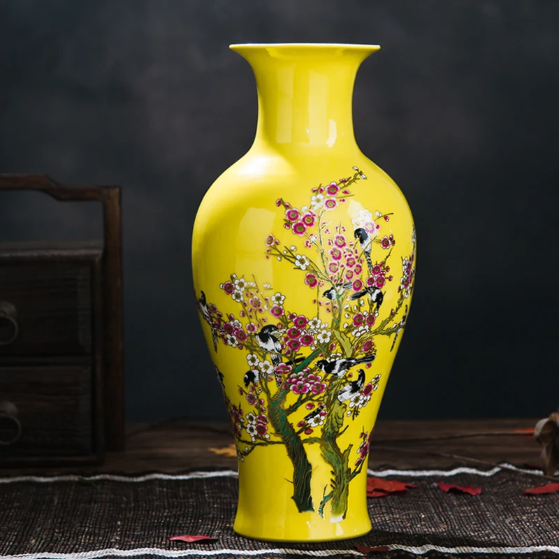 

Jingdezhen ceramic fishtail vase yellow glaze plum tree pastel vase modern home furnishing room decorative crafts and ornaments