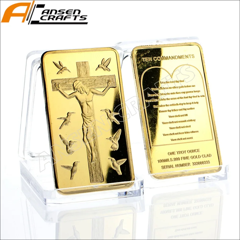 Jesus Christ  Gold plated Crucifix Jesus & 10 Commandments Bullion Ingot Bar