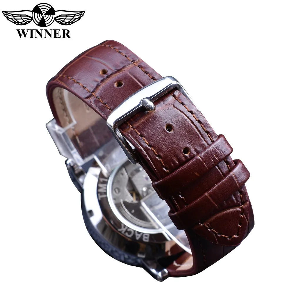 Winner-reloj mecánico automático para hombre, cronógrafo con correa de cuero marrón, con indicador de fecha, color blanco y dorado, marca de lujo, a