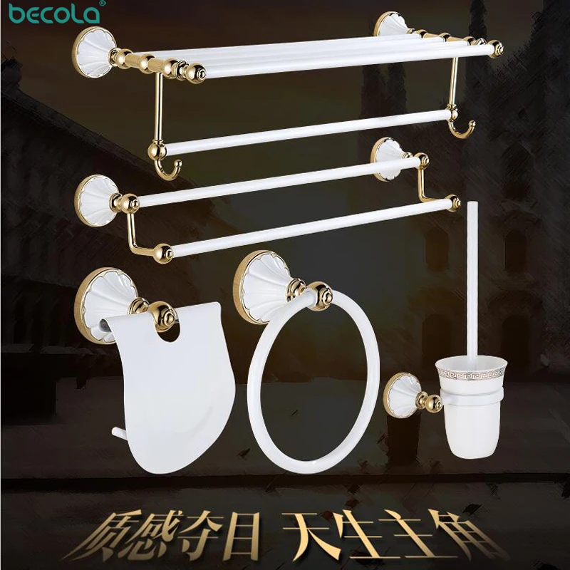 Becola Bathroom Hardware Set White Bathroom Pendant  Polished Toothbrush Gold Towel Bar Paper Holder Cloth Hook Bathroom