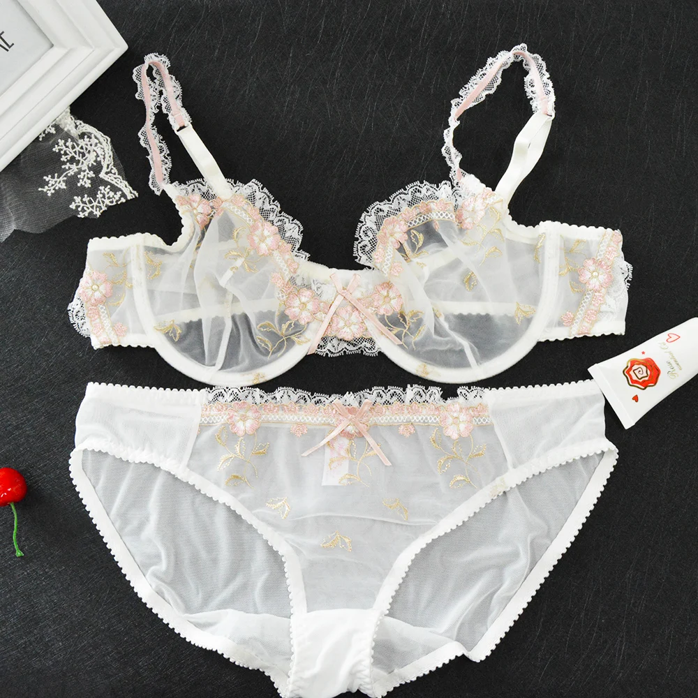 

New sexy women bra panty Sales Separated sets floral lace embroidery transparent ultra thin 70 75 80 85 90 95 100 A B C D E F