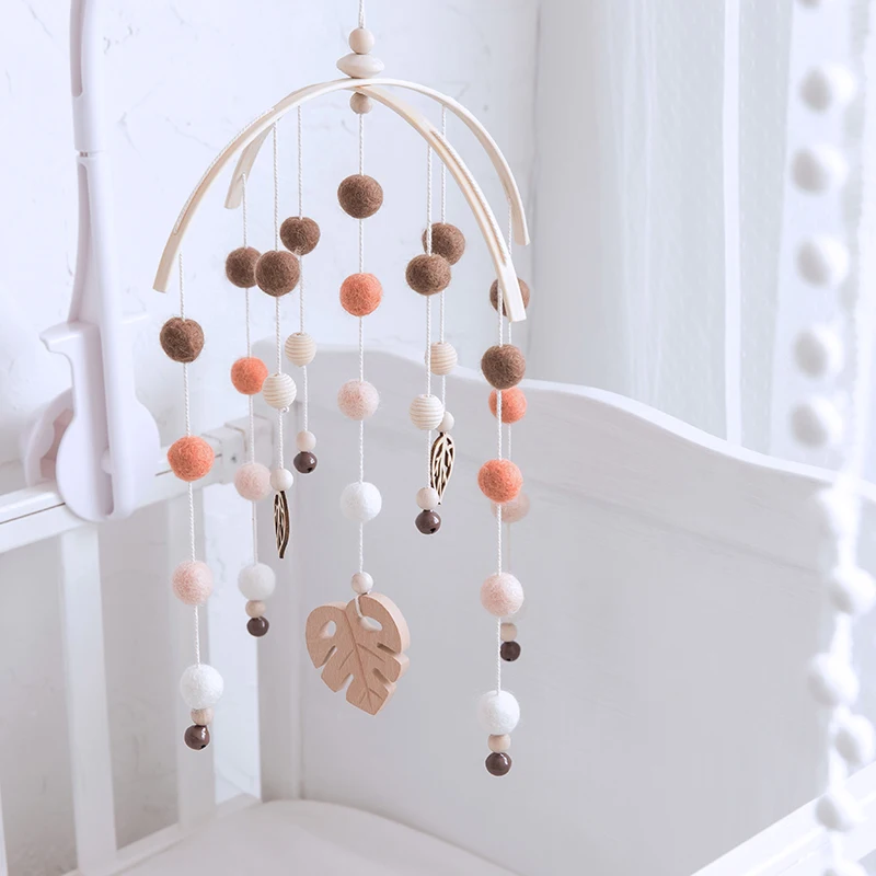 Baby Beech Wood Leaves Mobile Rattles Silicone Beads Wool Ball For Infant Room Bed Hanging Decor Small Bell Nursing Baby Toys