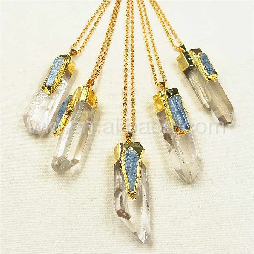 

WT-N766 Wholesale Blue Kyanite Stone Pendant Necklace Natural Crystal Stone 24K Gold Plated New Design Jewelry For Ladies