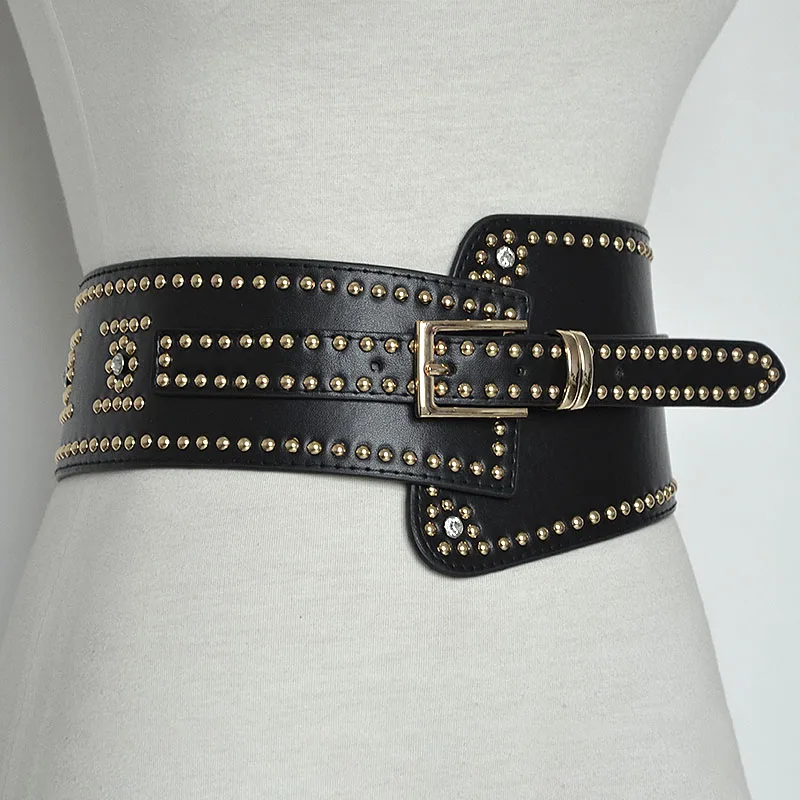 Cool women full studded black leather belts for dresses designer handmade wide stretch belt lady rhinestone belt online