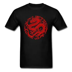 Fitted T-shirt Men Tops Traditional Red T Shirt Chinese Dragon Circle Tshirts Print Clothes Summer Round Collar 100% Cotton Tees