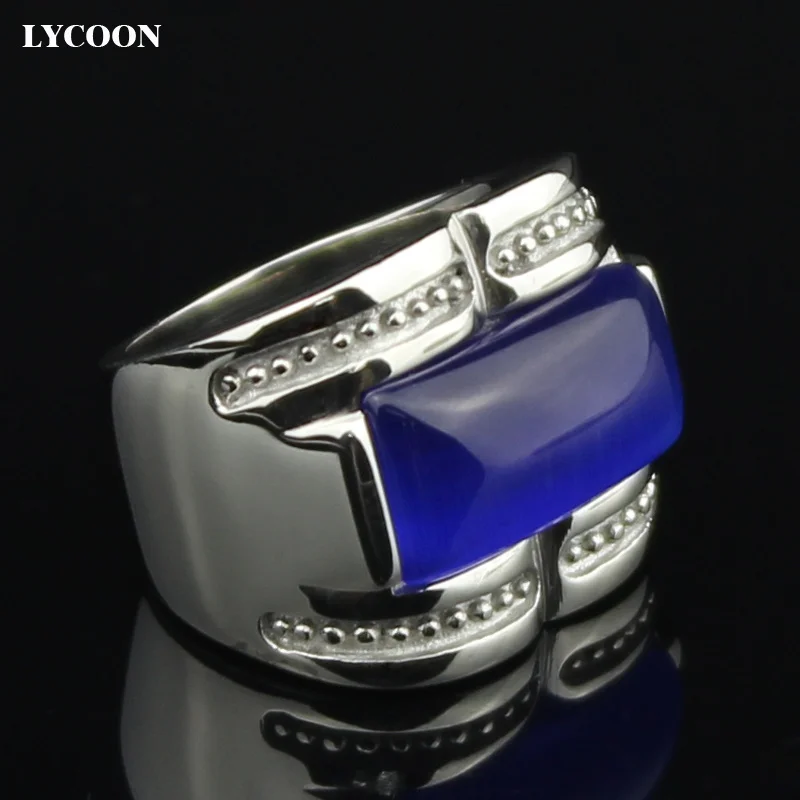 LYCOON Wholesale and retail 316 L Stainless steel opals Ring Fashion luxury blue cat eye ring in silver color for women