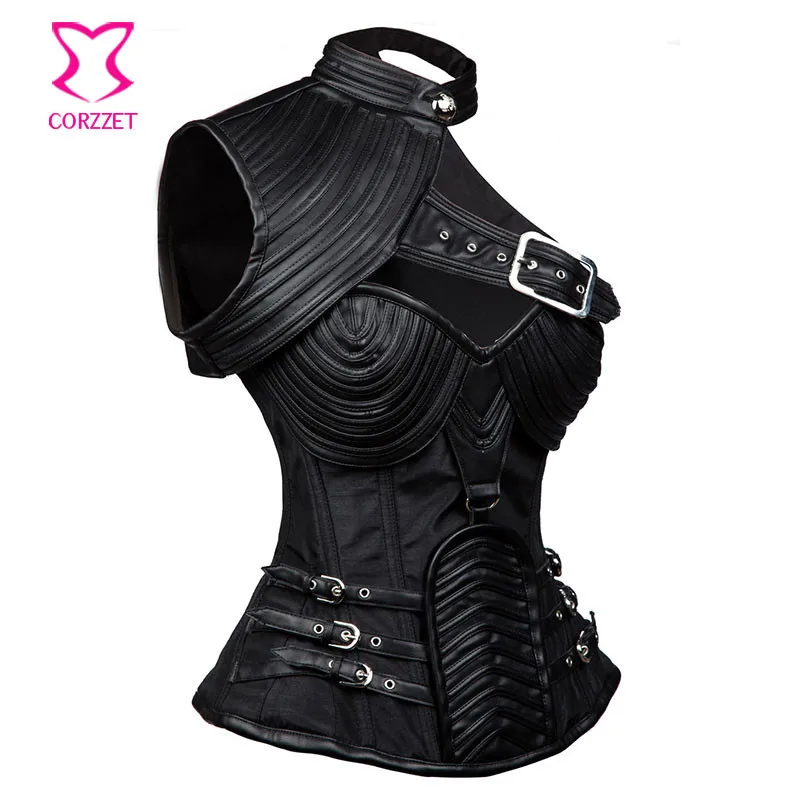 Gothic Plus Size Black Leather Armor Steel Boned Overbust Corset And Bustier Tops Women Shaper Body Vintage Steampunk Corset 6XL