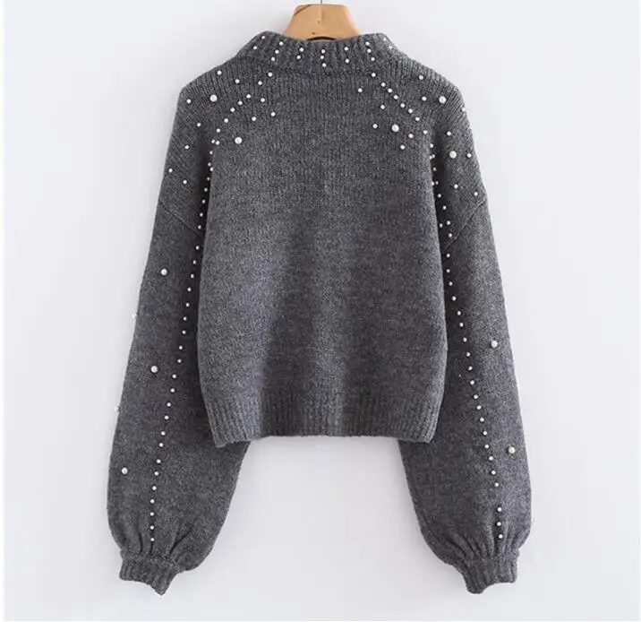 Winter knitted sweater Women Pearl Beading lantern sleeve loose gray pullover female Soft warm autumn casual jumper