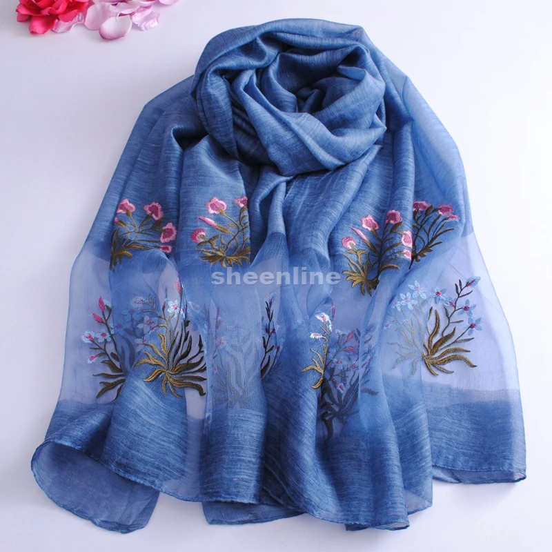 12 Colors Top Quality Wool Silk Organza Embrodiery Shawl Soft Warm Long Scarf Light Winter Warm Scarf Wrap Pashmina