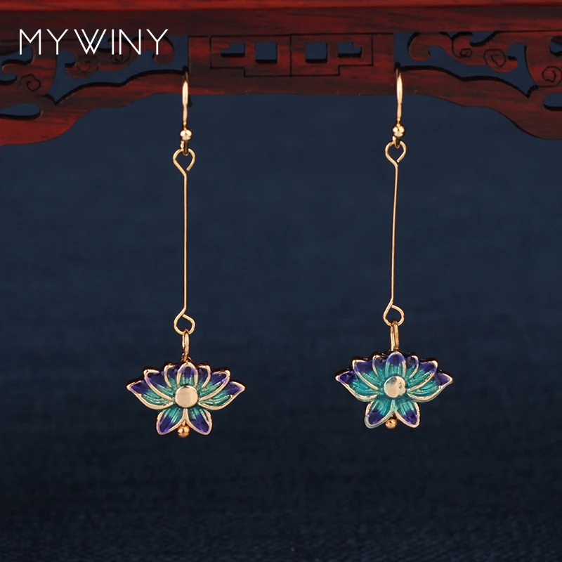 MYWINY New  fashion jewelry Cloisonne Lotus flowers earrings women, Chinese wind enamel long hook earrings red