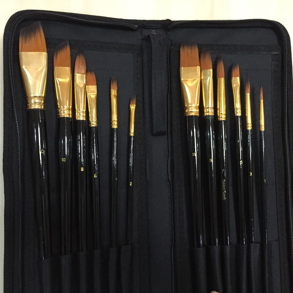 High quality Nylon Paint Brushes and brush bag Watercolor/ Gouache/Acrylic/ Oil paint brush 12pcs/set