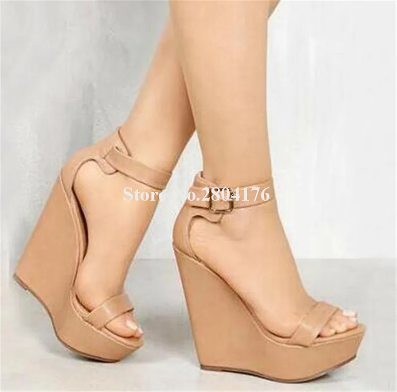 

New Design Women Fashion Open Toe High Platform Wedge Sandals Ankle Strap Black Nude Leather Wedge Sandals Dress Shoes