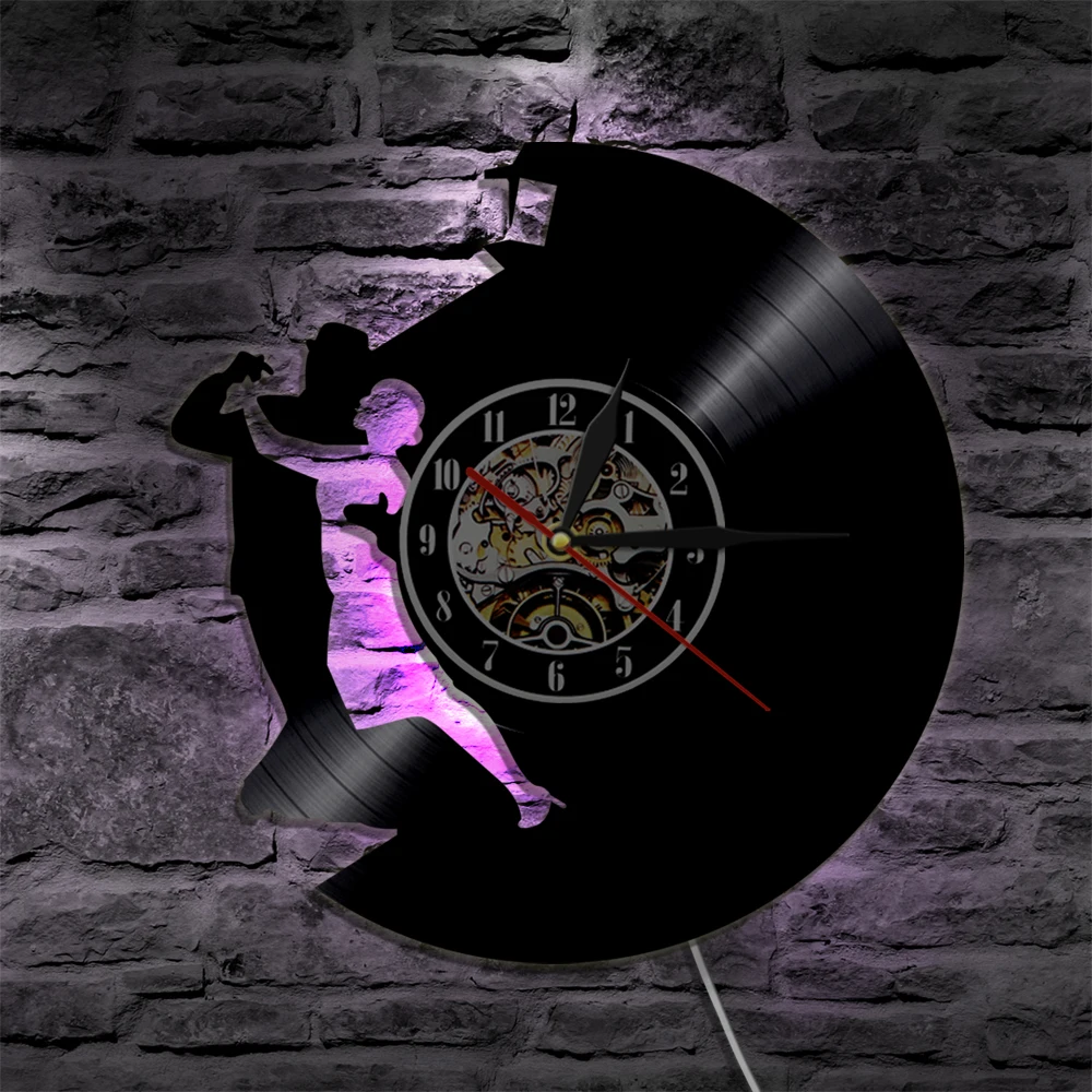 

Ballroom Dancing Tango Couple Silhouette LED Backlight Vinyl Record Wall Clock Waltz Dancer Modern Decorative Lighting