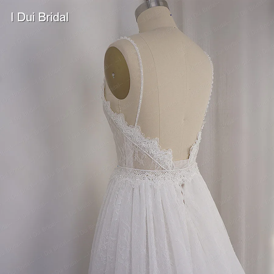 Robe de mariée en dentelle à bretelles Spaghetti perlées, effet d'illusion, encolure, jupe courte à l'intérieur, robe de mariée sur mesure en usine