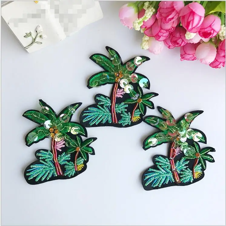 1Pcs Beaded Coconut Palm Tree Sequined Patch for Clothing Sewing on Patch Beading Applique for Jackets DIY Decoration Patches