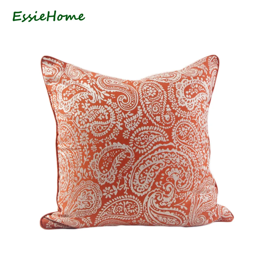 

ESSIE HOME Orange Cushion Cover Datura flowers Damascus Paisley Pillow Case Jacquard Tangerine Cushion With Piping Edge