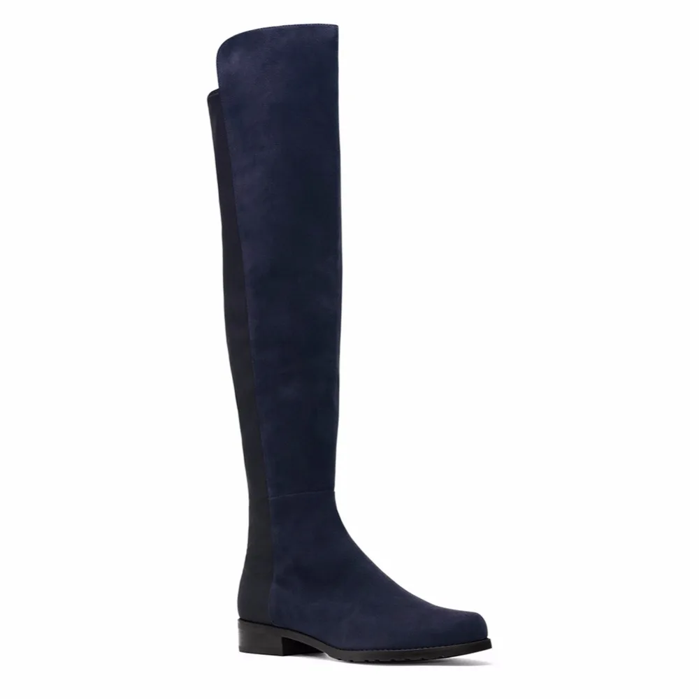 Blue Lycra Mixed Faux Suede Flat Woman Knee Ladies Boots Round Toe Slip On Winter Keep Warm Long Boots With Stretching