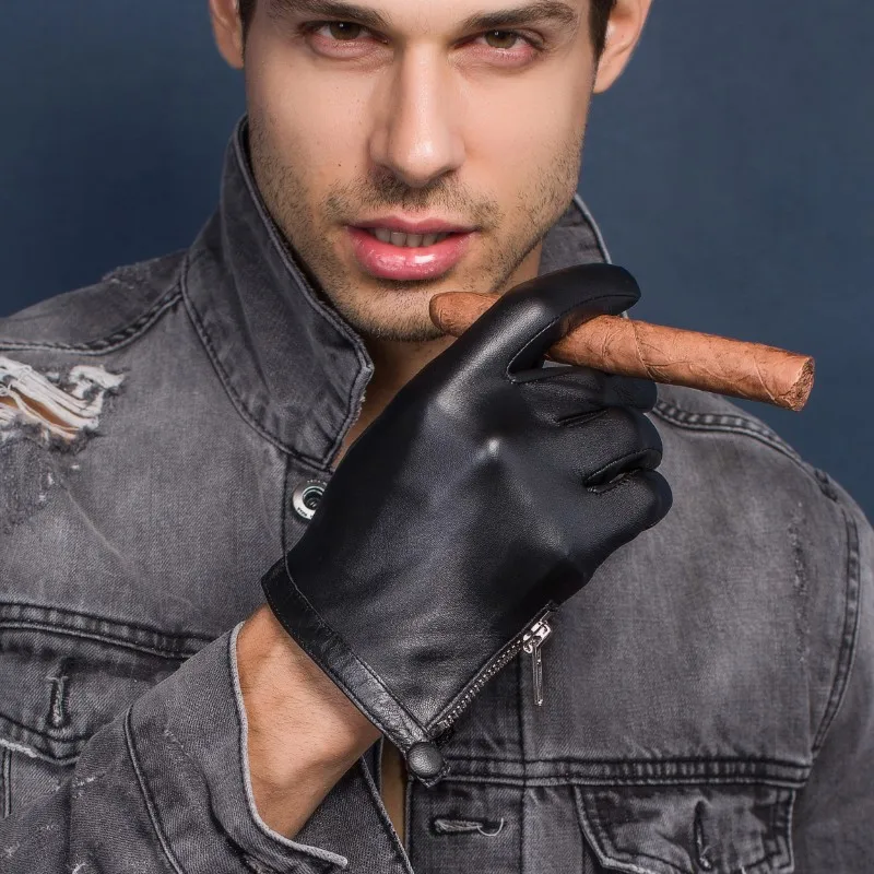 unlined Men\'s Genuine Leather Gloves Real Sheepskin Black Touch Screen Gloves side zip with Button winter Fashion Brand new