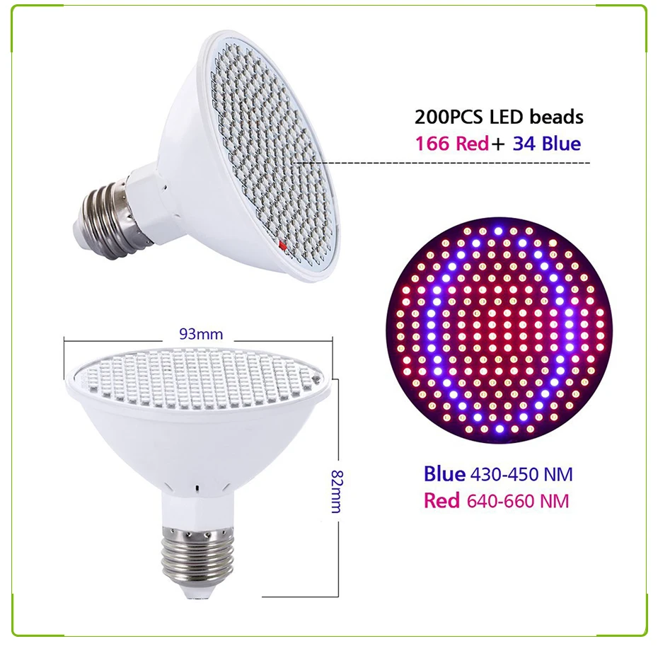 phytolamp Full Spectrum 200 LED Grow Lights E27 LED Grow Lamp  indoor plant Flowers  Seedlings Greenhouse Plant Fitolamp