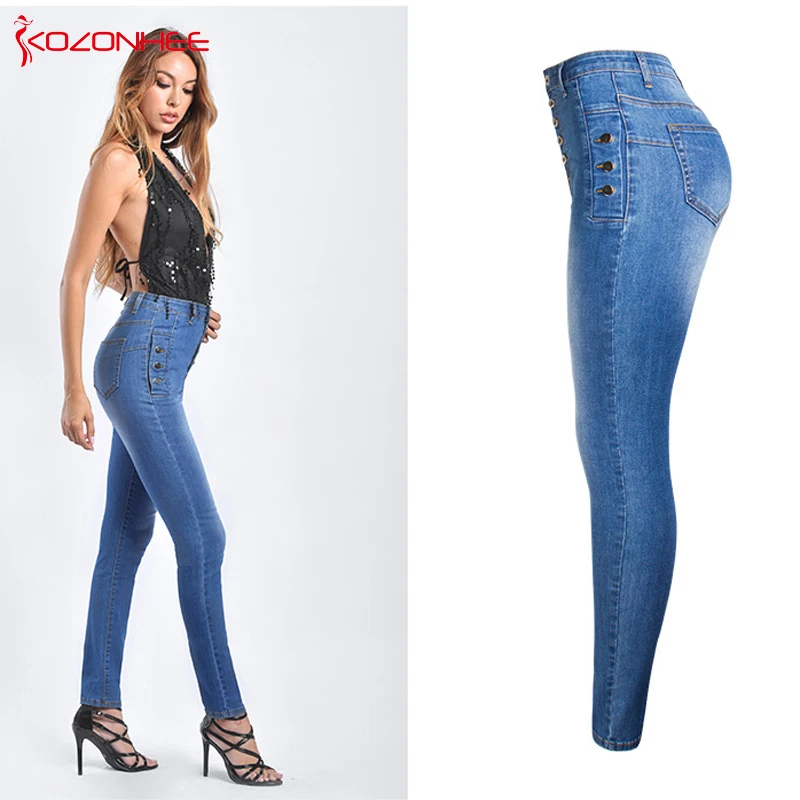 Fashion Button Stretch Jeans Women High Wais Elasticity Leggings Jeggings Skinny Pencil Women Jeans#65