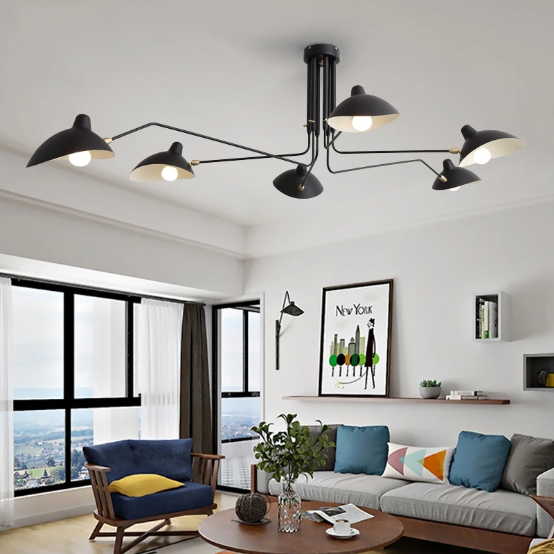 

Black Lustre Iron Chandelier Lighting Adjustable Chandeliers Ceiling Loft Living Room Bedroom Kitchen LED Nordic Light Fixtures