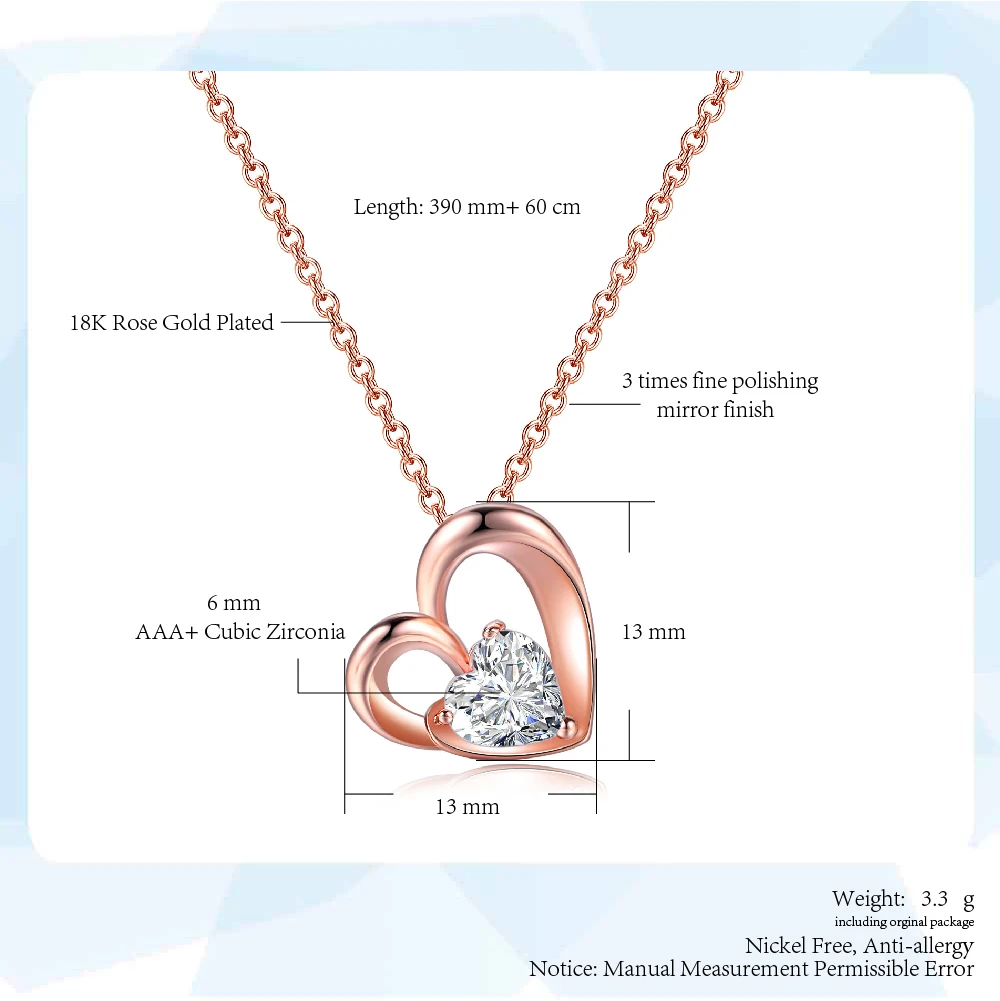 Romantic Lovely Heart Wedding Pendant Necklaces for Women Rose Gold Color AAA+CZ Fashion Jewelry Xmas Gift N056