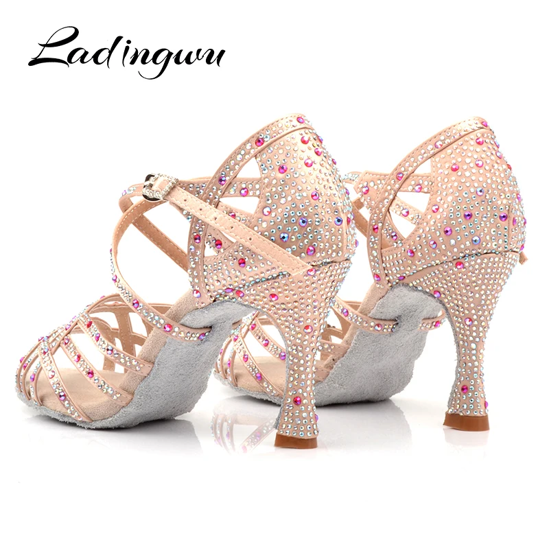 Ladingwu Dance Shoes Latin Women Big Small Red pomegranate Rhinestone Salsa Tango Shoes Dancing Wedding Shoes Cuba Heel 6-9cm