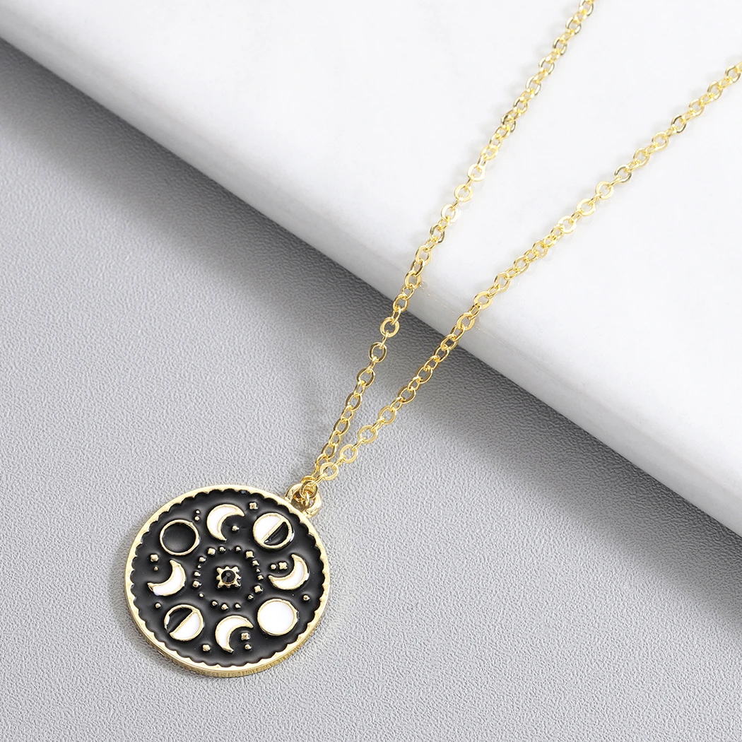 QIMING Moon Phase Black Necklace For Women Glow In The Dark Glowing Luminous Enamel Vintage Crescent Pendant Necklaces