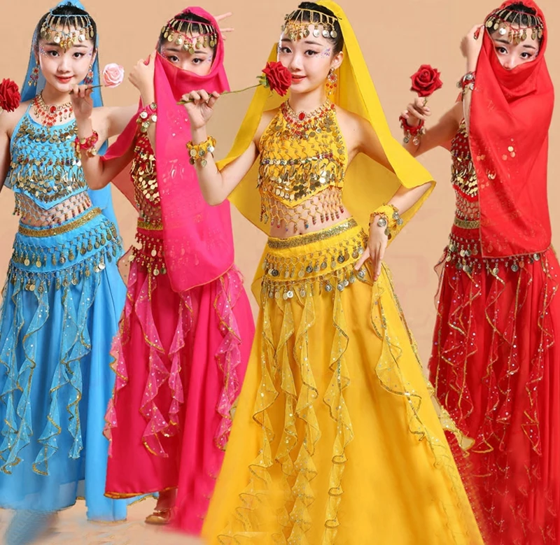 5 pçs criança conjunto de dança do ventre menina trajes de dança do ventre crianças dança do ventre meninas bollywood indiano desempenho dança wear roupas