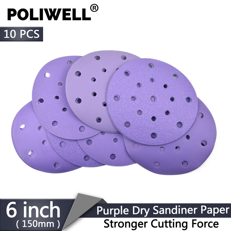 POLIWELL 10PCS 6 Inch 17-Holes Grit 60-600 Purple Dry Sanding Paper Discs for Hook & Loop Festool Sanding Pad Sander Accessories