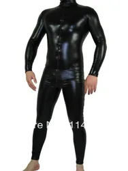 Man Black Zentai Suit Front Zipper Shiny Metallic Zentai Suit Tight Catsuit