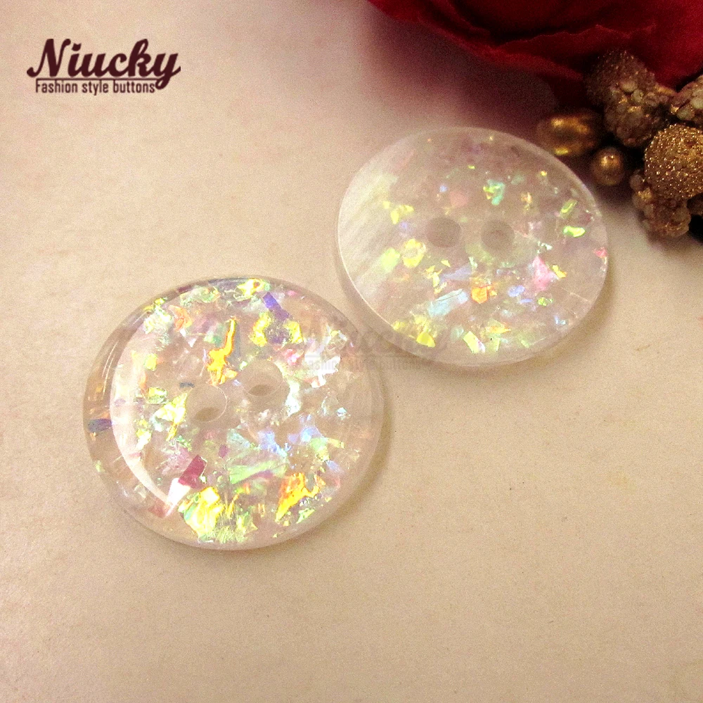 Niucky-Transparent Colorful Buttons for Sewing, Paillette for Bread Coat, Clothing Button Supplies, Good Fashion, 20mm, 2 Holes