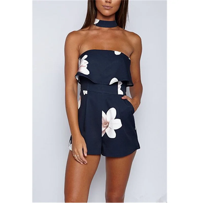 2018 Floral Print Playsuit Women Summer Sexy Off Shoulder Ruffles Halter Sleeveless Boho Rompers Jumpsuit Ladies Beach Overalls