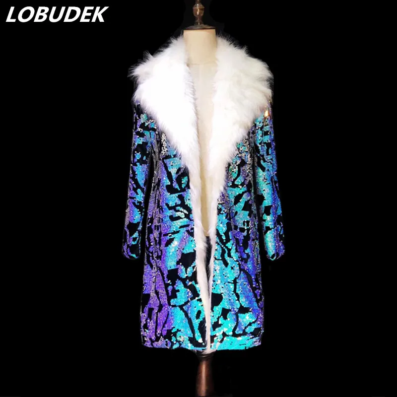 Fashion Tide Men' Blue Sequins Faux Fur Overcoat Nightclub Male Singer Stage Clothing Long Coat White Fur Outwear Punk Costumes