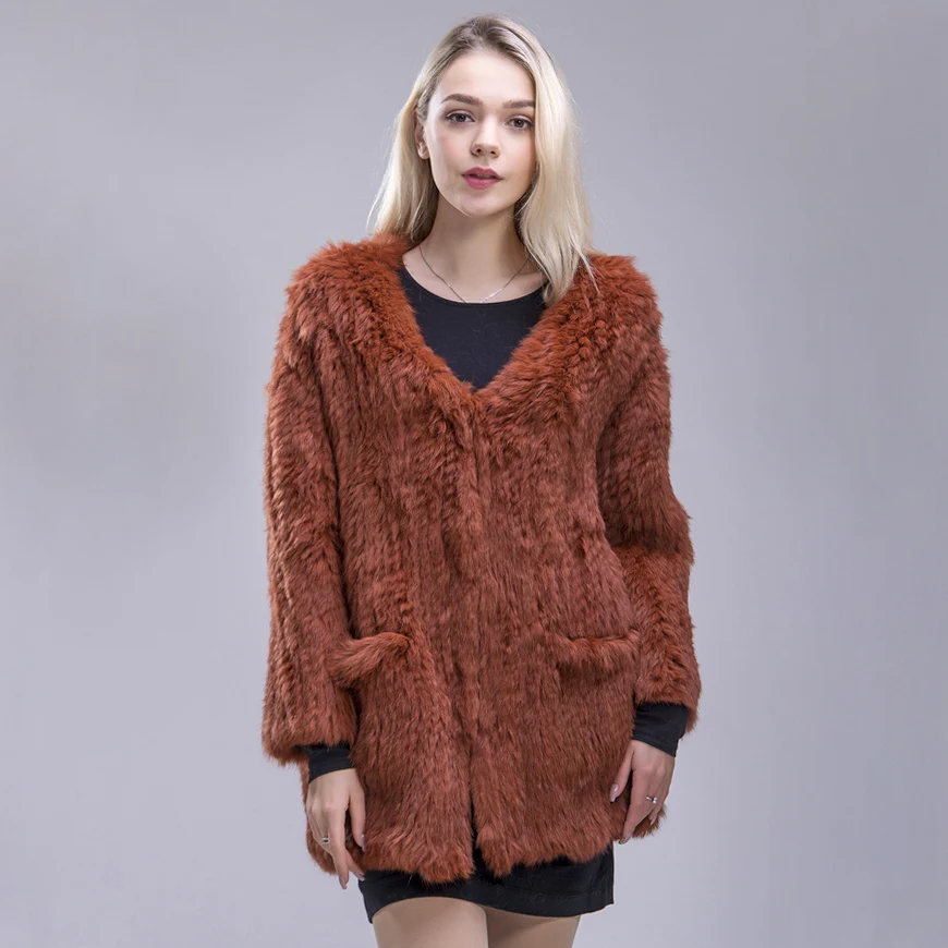 FXFURS Women Genuine Knitted Rabbit Fur Coat Winter V collar Real Rabbit New Fashion Fur Outwear Lady Natural Rabbit Fur Jacket