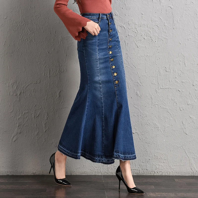 TIYIHAlLEY Long Maxi Denim Skirt Summer And Spring High waist Mermaid Style Fish Tail For Women Plus Size 26-40 Stretch