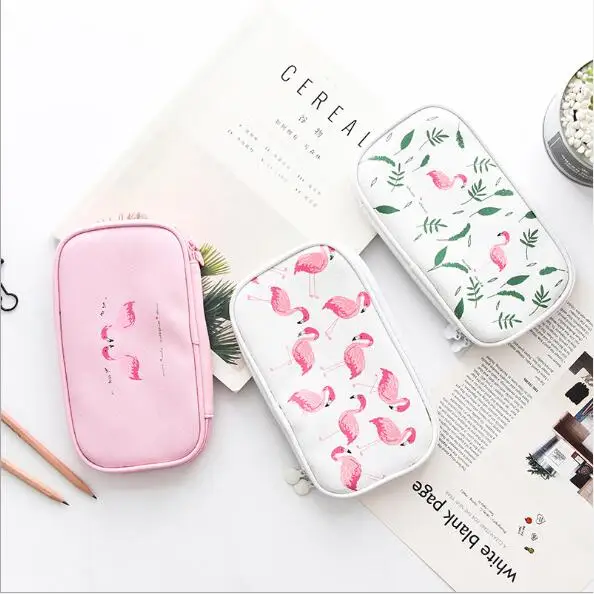 Cartoon Leather Flamingo Multifunctional Pencil Bag School Pencil Case For Student Stationery Supplies Kids Birthday Gift