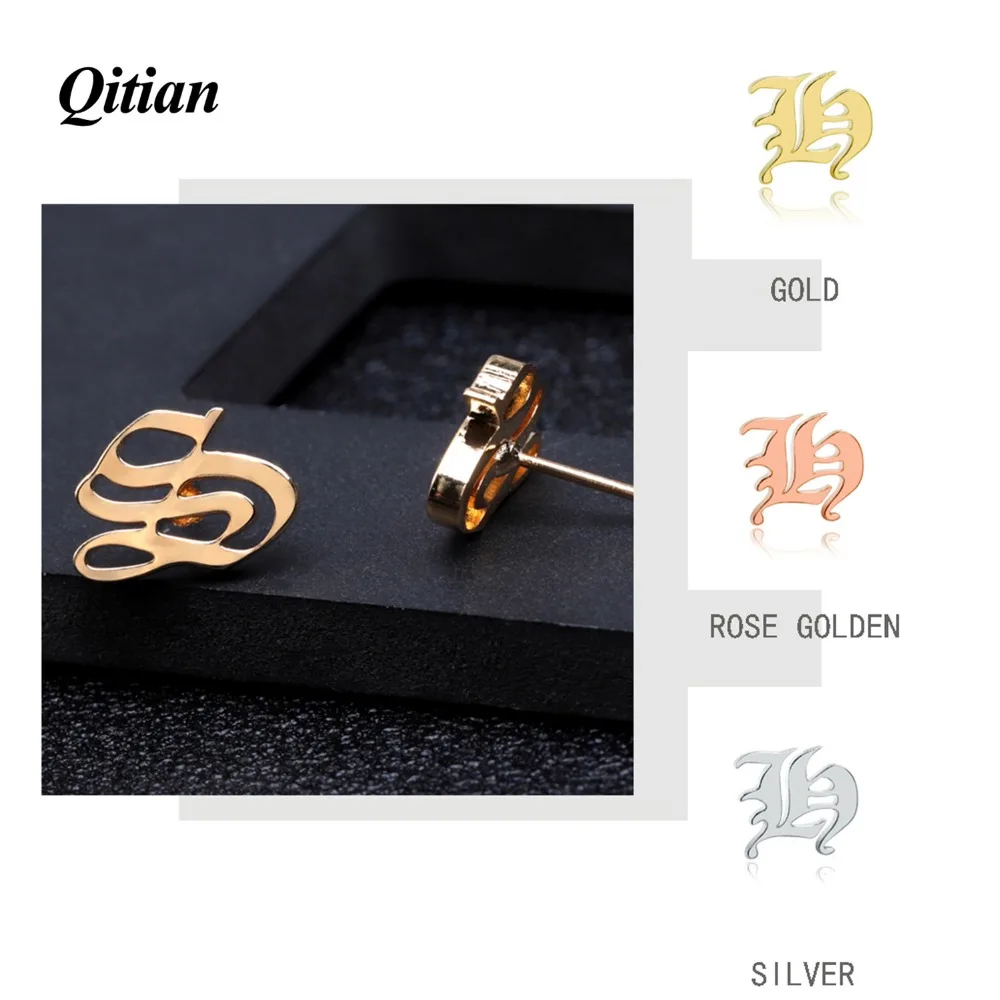 QITIAN Custom Stainless Steel Initial Letter Earring For Woman Alphabet Old English Gold Jewelry Ear Piercing Stud Earrings Gift