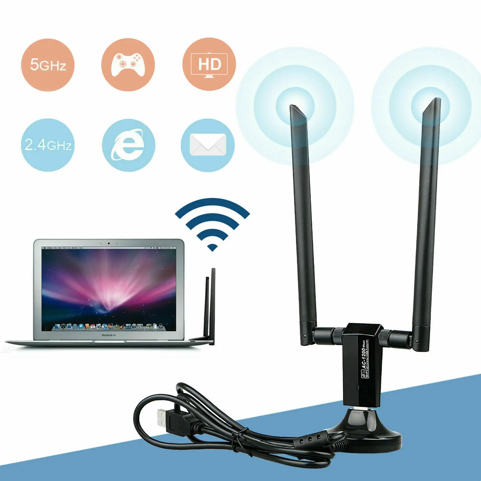 1200Mbps Long Range AC1200 Dual Band 5GHz Wireless USB 3.0 WiFi Adapter Antennas RTL8812AU MT7612UN