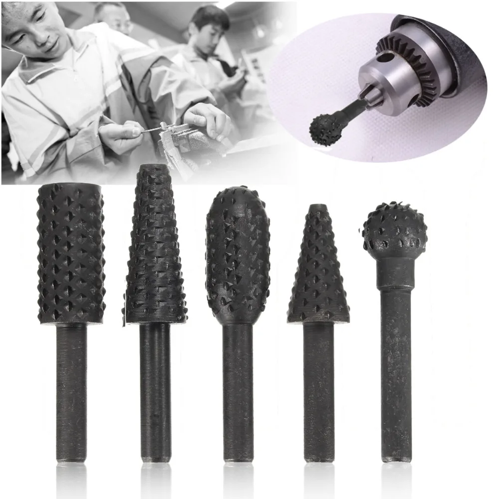 5 pc セットロータリーやすりファイル 1/4 "シャンクバリファイルやすり木工ドリルビット Hss ロータリーファイルウッド掘削彫刻アーティファクトツール
