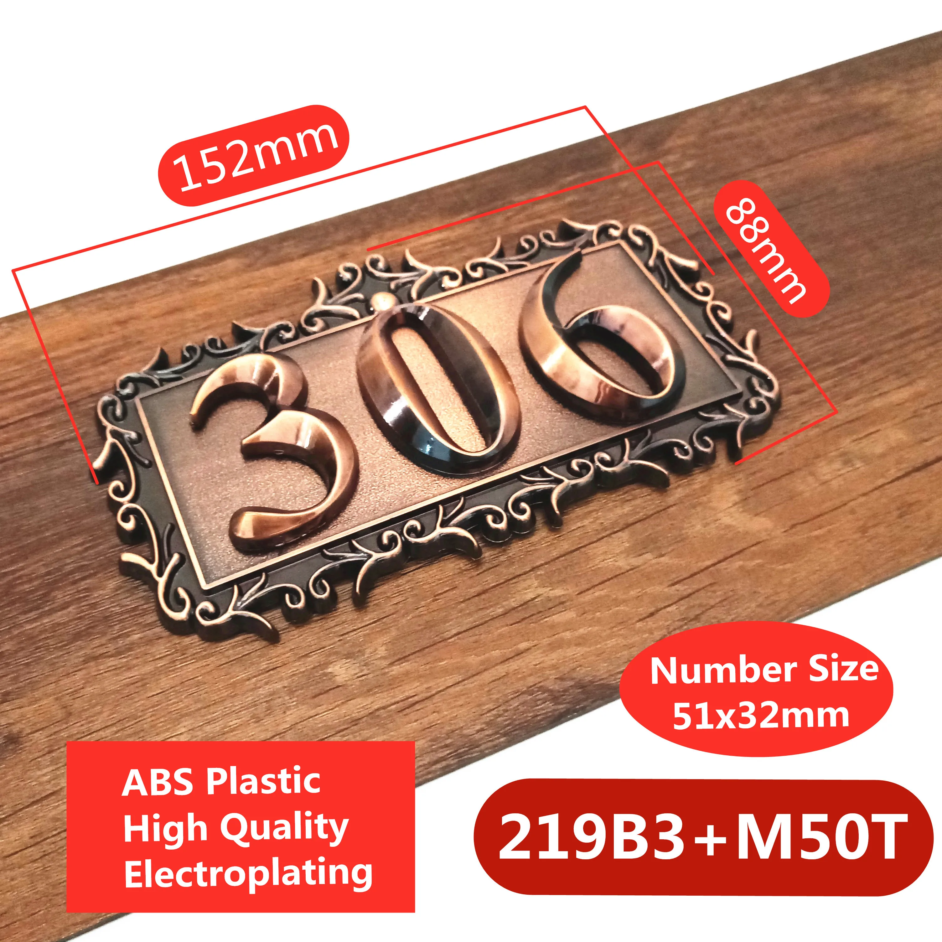 Three digits ABS Plastic Imitation Metal Bronze House Number Custom Sign Door Number Sticker For Hotel Apartment Door Plate