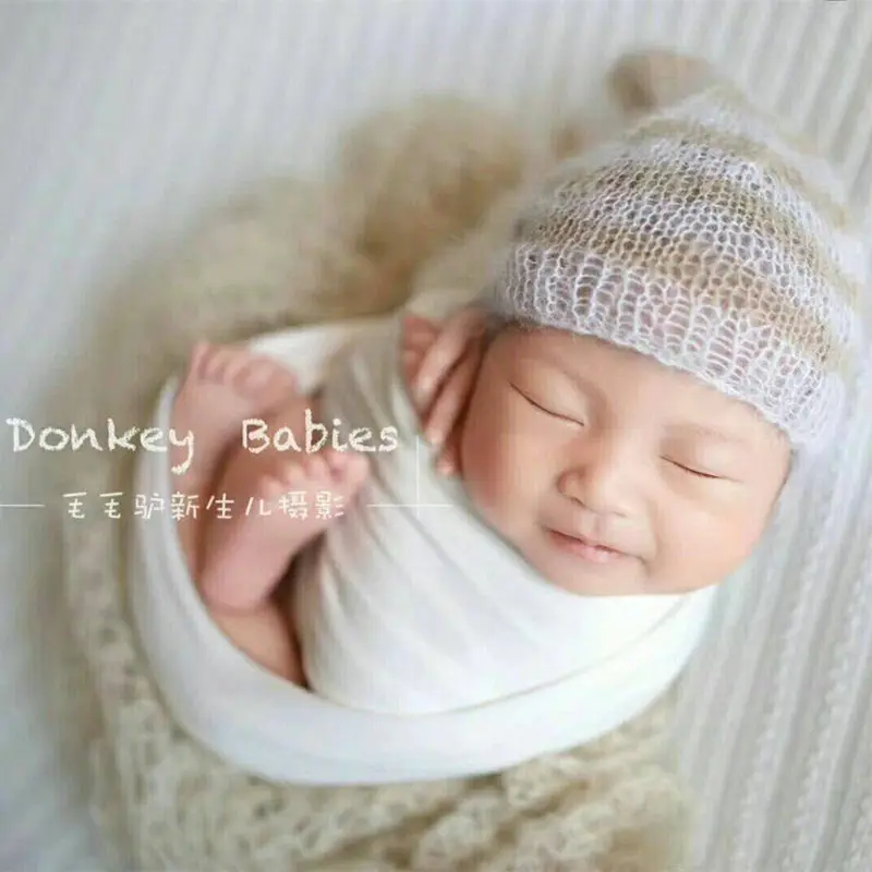 Baby long tail mohair hat for newborn photo props,white beige knot long tube cap