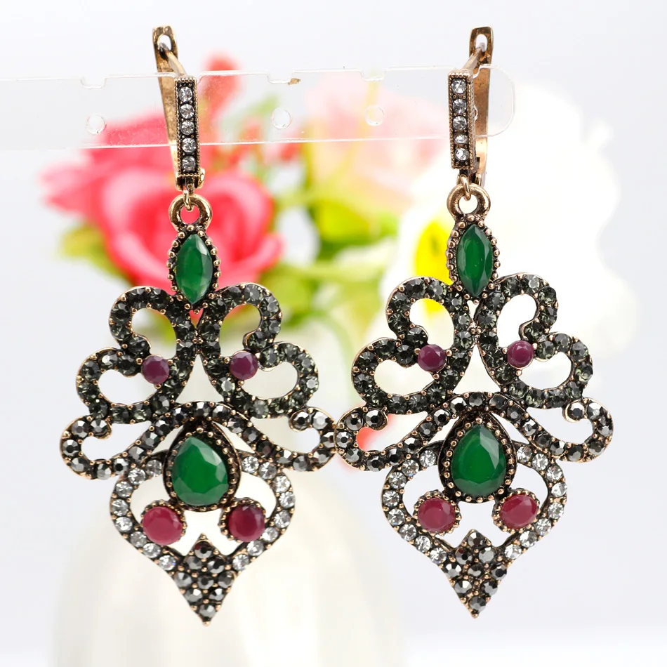 Sunspicems Exquisite Women Crystal Earrings Turkish Retro Vintage Dangle Hook Love Earrings Drop Water Resin Ethnic Jewelry