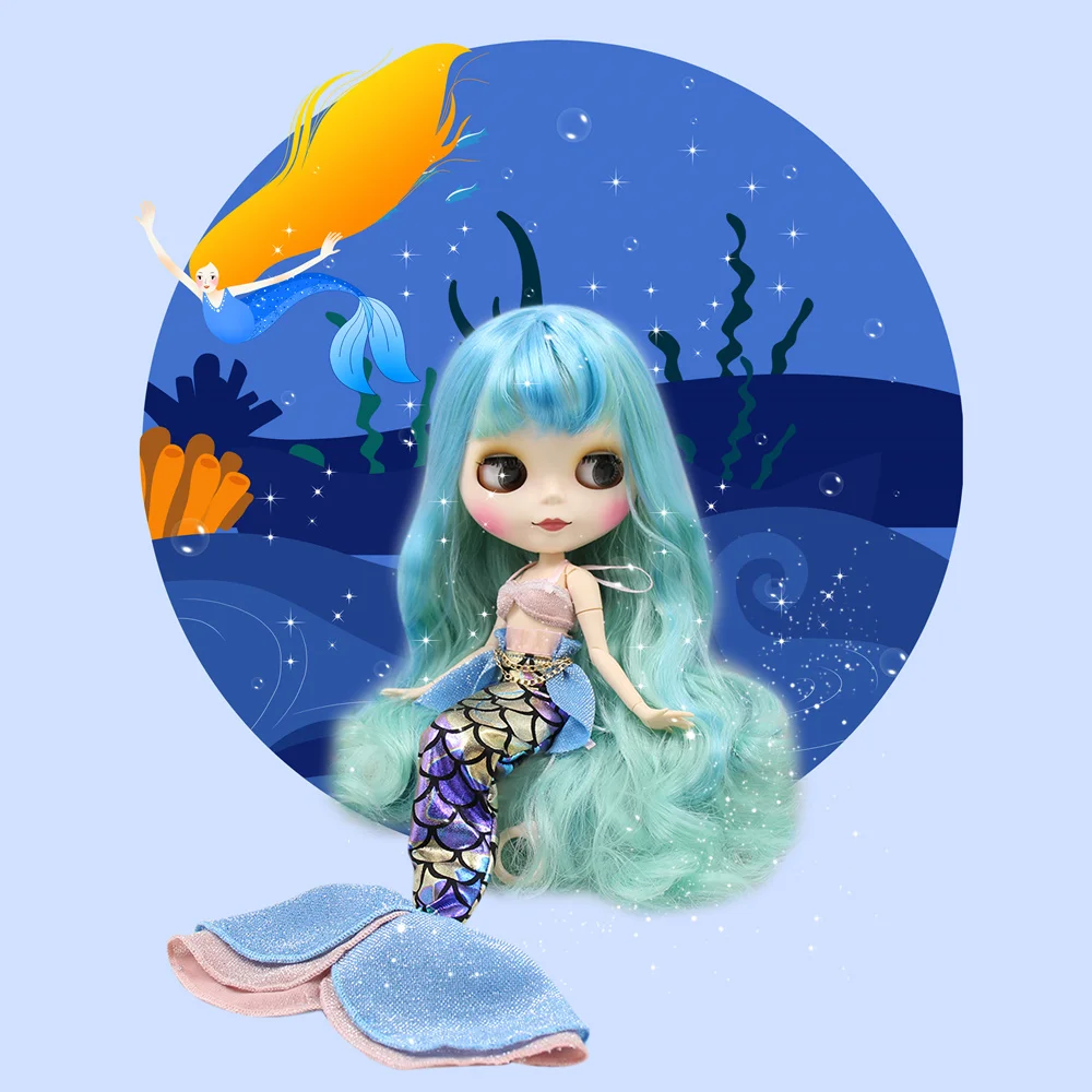 Blyth 1/6 doll mermaid princess combination fishtail outfit bule mix green hair face joint body with hand set AB as gift BJD