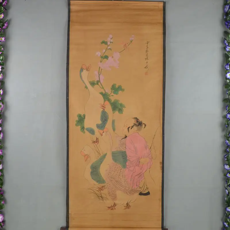 

Chinese Qing Dyansty Scroll Painting Kids Goose Figure, Free shipping