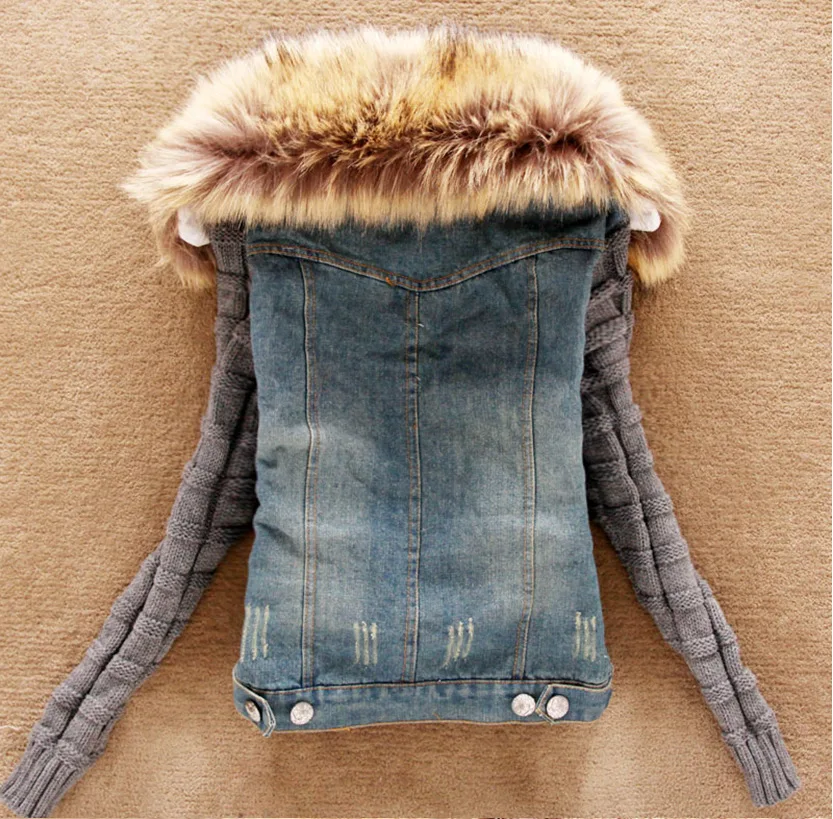 Herbst winter jacke frauen armee blau Denim pelz kragen mantel abnehmbare warme faux pelz liner parkas jeans frauen jacke 4XL